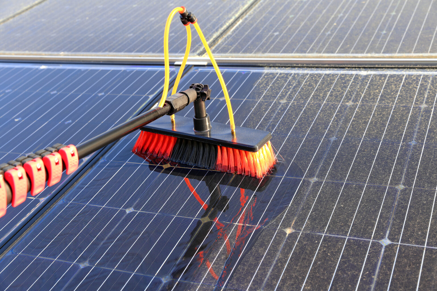 Cleaning of solar modules with water and a soft brush.